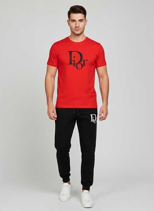 Men’s T-Shirt and Red & Black Track Pant Set – Matching Color Loungewear Outfit, Casual Wear, Sport wear