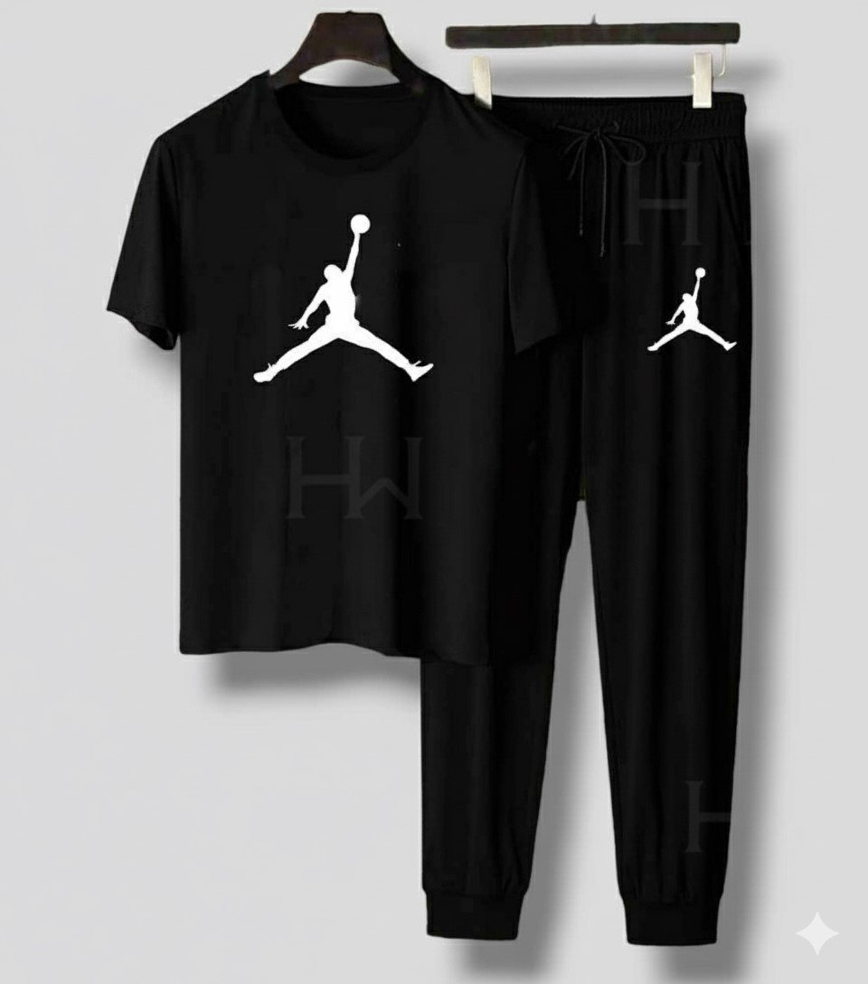 Men’s T-Shirt and Black Track Pant Set – Matching Color Loungewear Outfit, Casual Wear, Sport wear