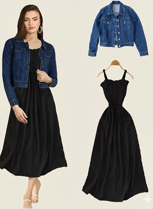 Women sexy dress and jacket set blue and black