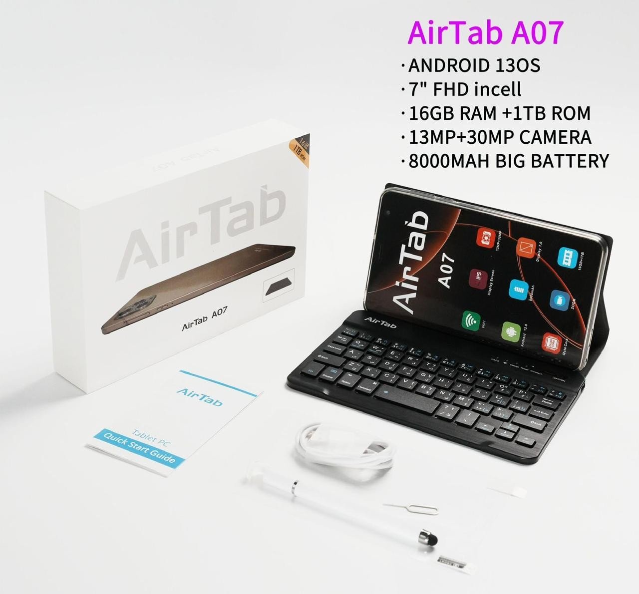 AirTab A07 Tablet with Keyboard, 7 Inch FHD Display, 1TB ROM and 16GB RAM - Powerful 8000mAh Battery Wifi
