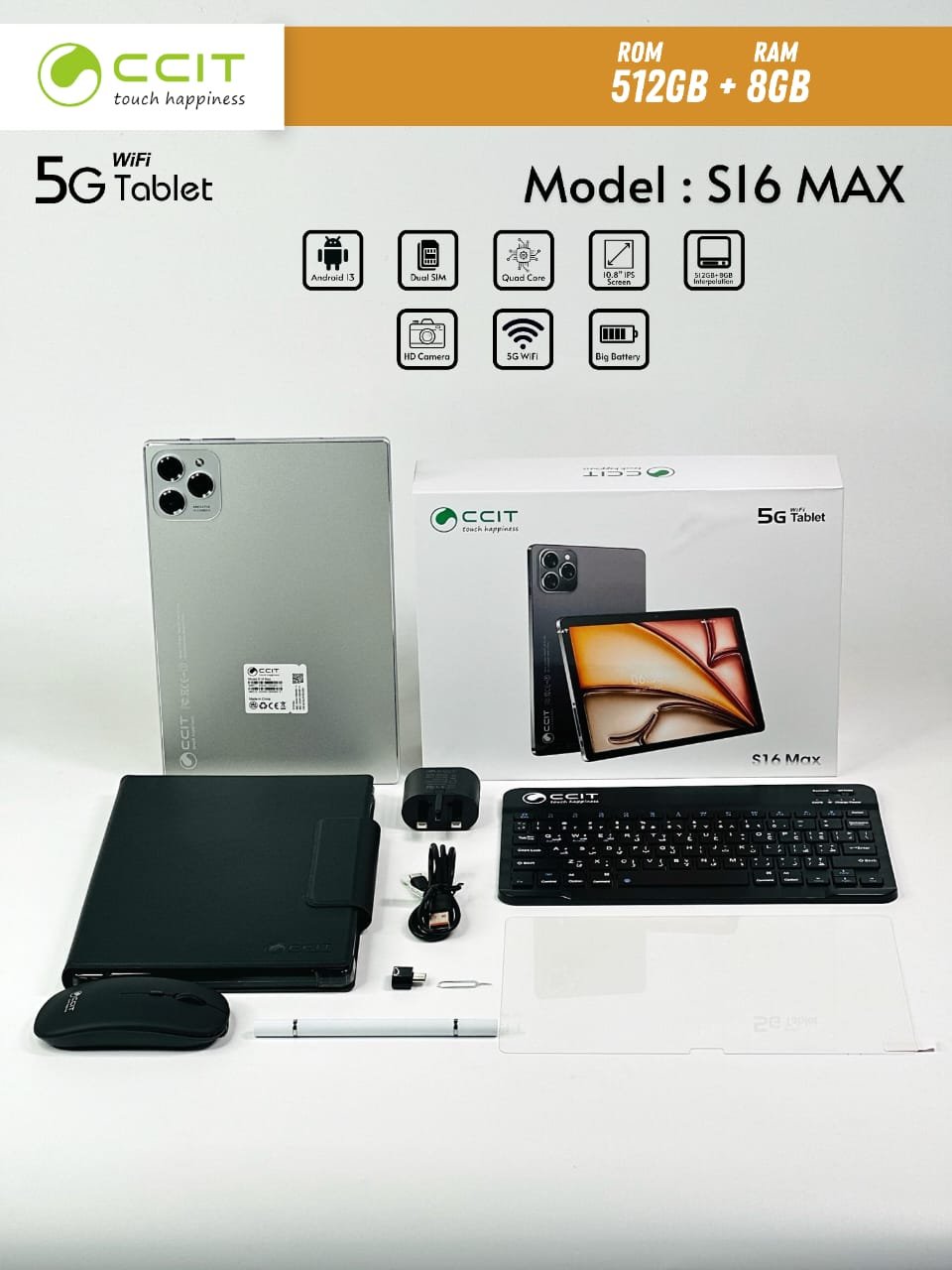 CCIT S16 Max Tablet – 10.1-inch Screen, 8GB RAM, 512GB Storage (With Cover, Keyboard, Mouse, Stylus)