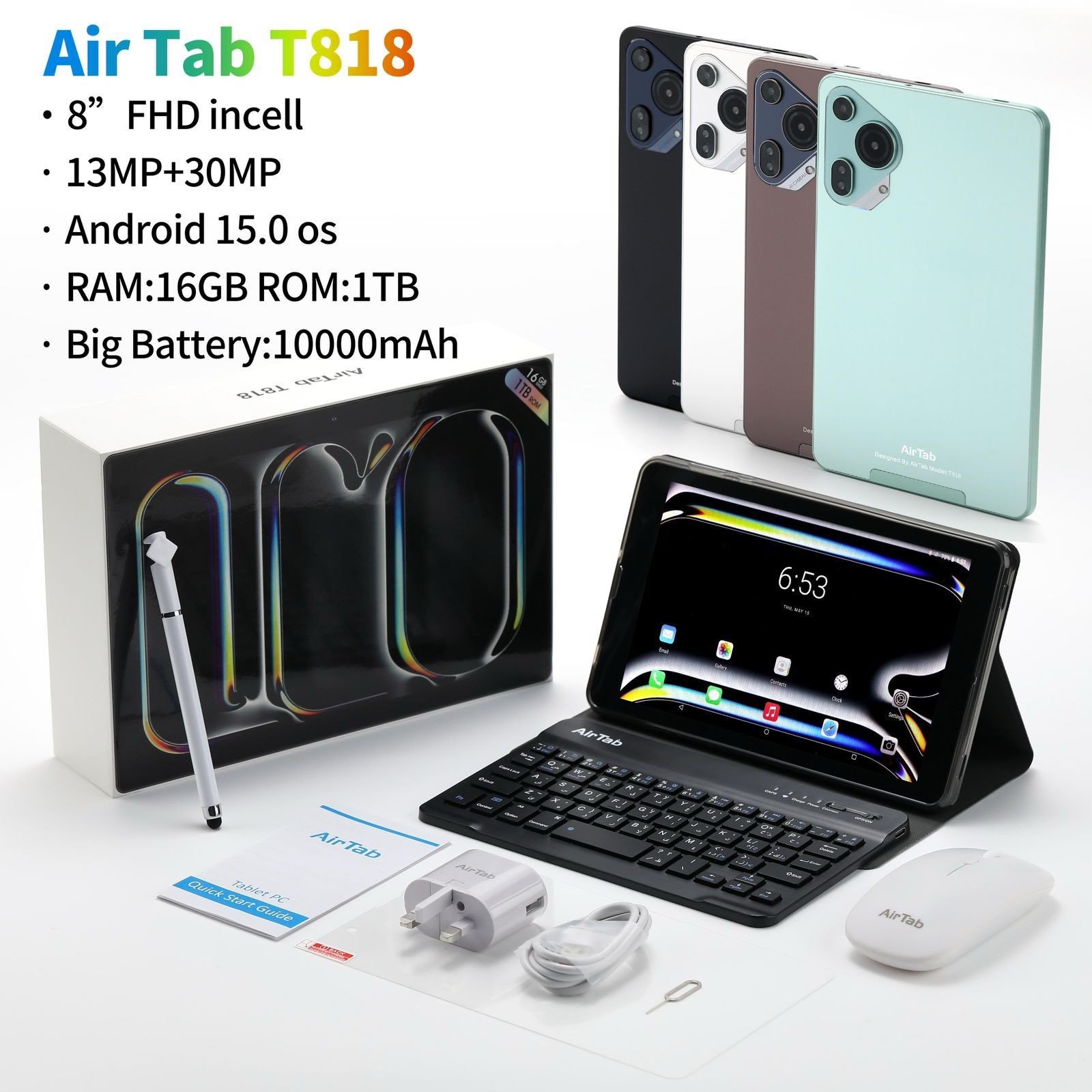 T818 8" Android 15 Tablet | 16GB RAM 1TB Storage | 10000mAh Battery | Octa-Core | Dual Camera | WiFi | Includes Stylus & Keyboard | Fast Performance Tablet for Work, Study & Entertainment