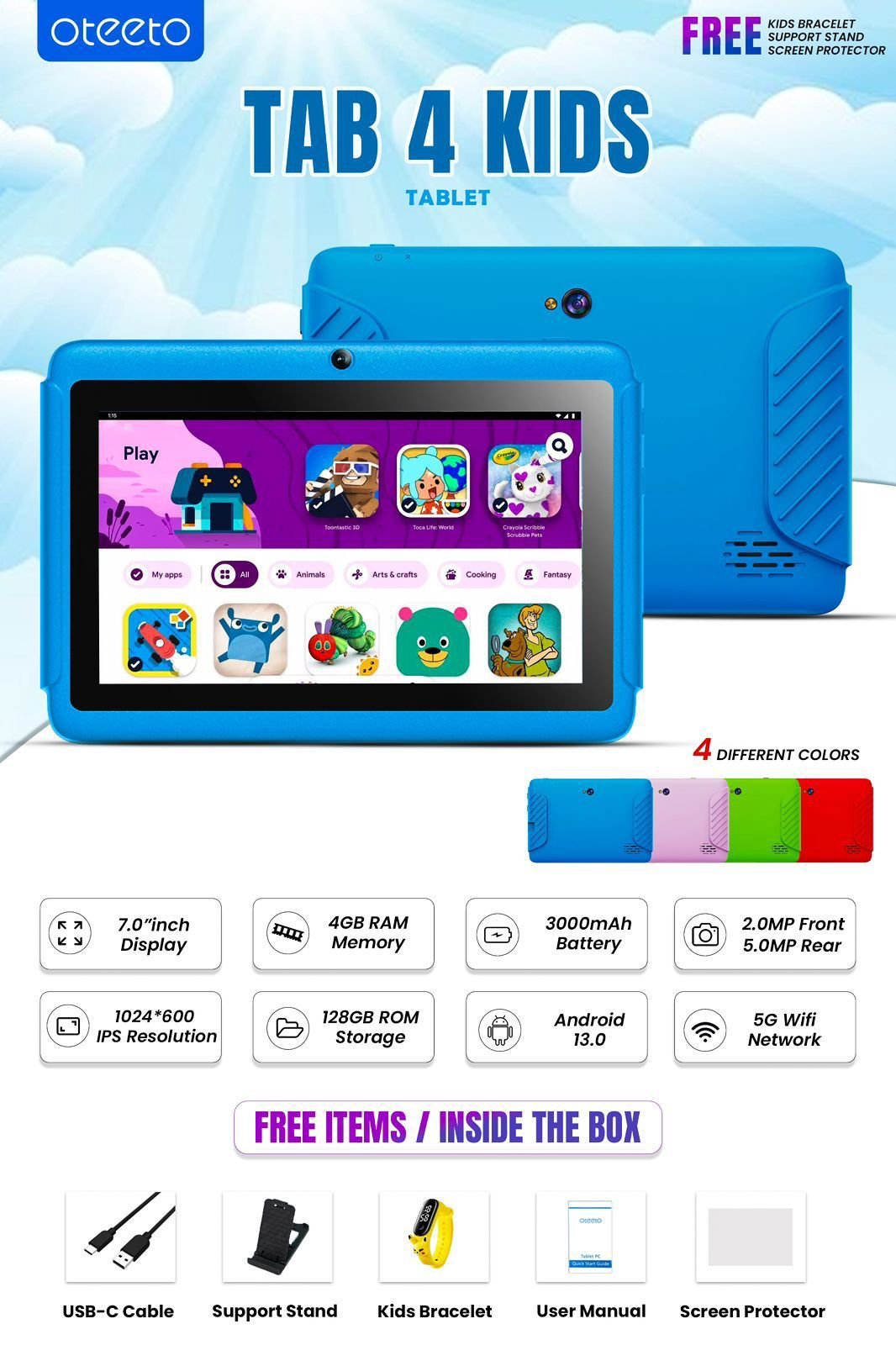 Oteeto tab 4 kids tablet 4GB, 128GB - 7 inch display 5G wifi network