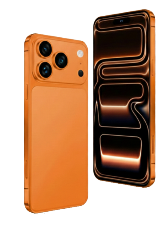 هاتف AirTab 17 Pro Max من شركة AirTab، بسعة تخزين داخلية 1 تيرابايت (1TB)، وذاكرة وصول عشوائي 24 جيجابايت (24GB)، باللون البرتقالي، مشابه لهاتف iPhone 17 Pro Ma